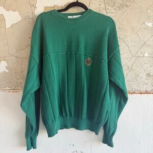 Vtg 80s Sweater Claiborne Green Cotton‎ Logo Crest Made in USA Mens XL Golf Prep